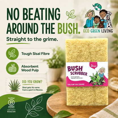 A pack of Eco Green Living Bush Scrubber sisal plant scrubbers displayed on a wooden cutting board with a green and white background featuring product benefits and branding.
