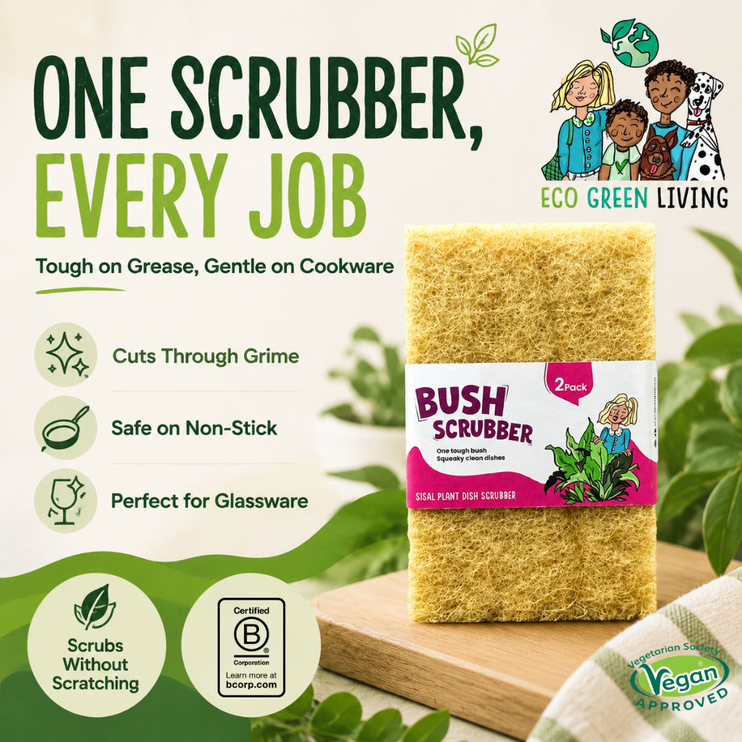 A pack of two natural yellow plant scrubbers from Eco Green Living, displayed on a wooden cutting board with a white cloth. The background is a clean, light beige graphic with green accents, featuring promotional text, icons, and a cartoon illustration of children.