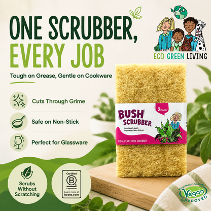 A pack of two natural yellow plant scrubbers from Eco Green Living, displayed on a wooden cutting board with a white cloth. The background is a clean, light beige graphic with green accents, featuring promotional text, icons, and a cartoon illustration of children.