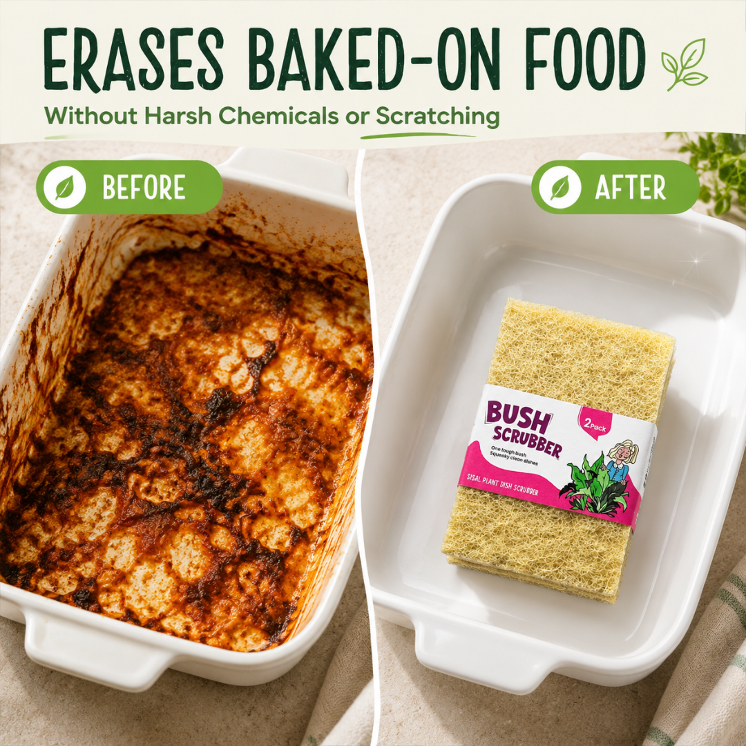 Before-and-after comparison showing a white ceramic baking dish with baked-on food residue on the left, and the same dish cleaned with a Bush Scrubber soap sponge on the right. Large text at the top reads 'ERASES BAKED-ON FOOD' with a green leaf icon.