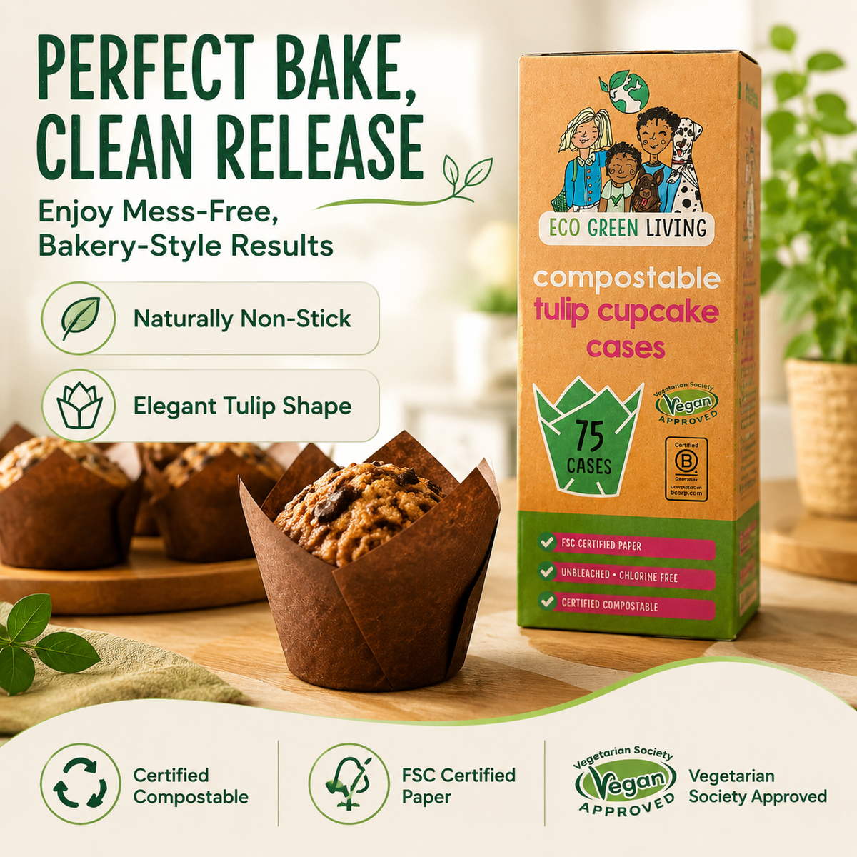 Eco Green Living compostable tulip cupcake cases box shown next to baked cupcakes on a wooden surface, with marketing text highlighting perfect bake, clean release, naturally non-stick, elegant tulip shape, and compostable benefits.
