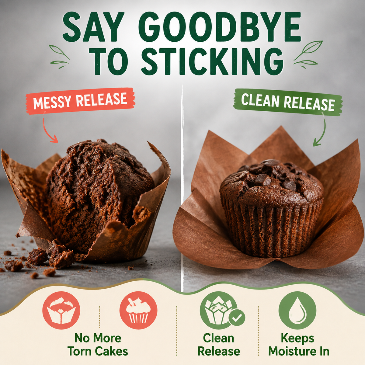 Promotional graphic for a baking release product, showing two chocolate cupcakes in paper liners side by side. The left cupcake is labeled 'Messy Release' and appears torn and messy.