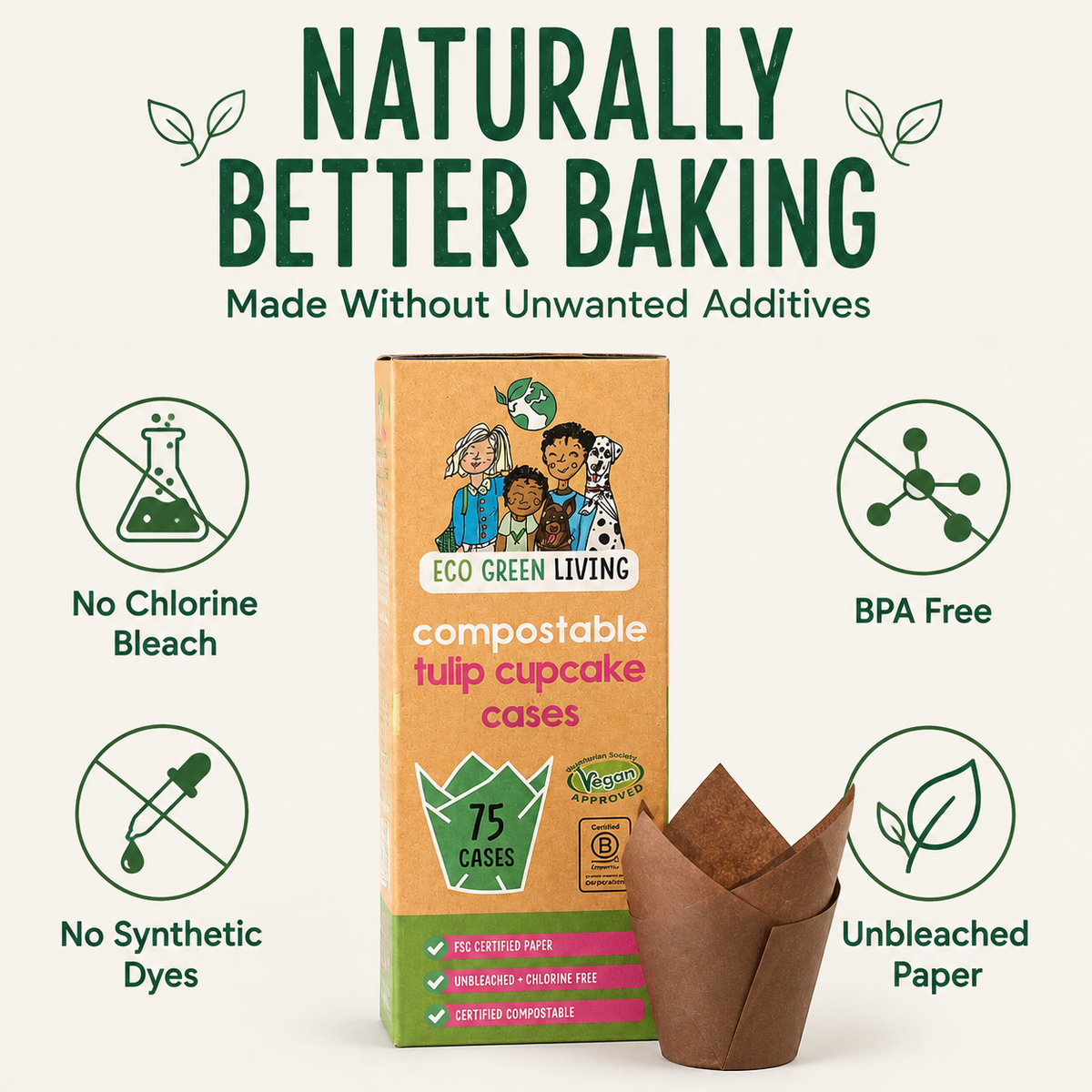 A box of Eco Green Living compostable tulip cupcake cases stands next to a brown paper cupcake case on a light beige background. The image features marketing text and icons highlighting product benefits: 'Naturally Better Baking', 'No Chlorine Bleach', 'BPA Free', 'No Synthetic Dyes', and 'Unbleached Paper'.