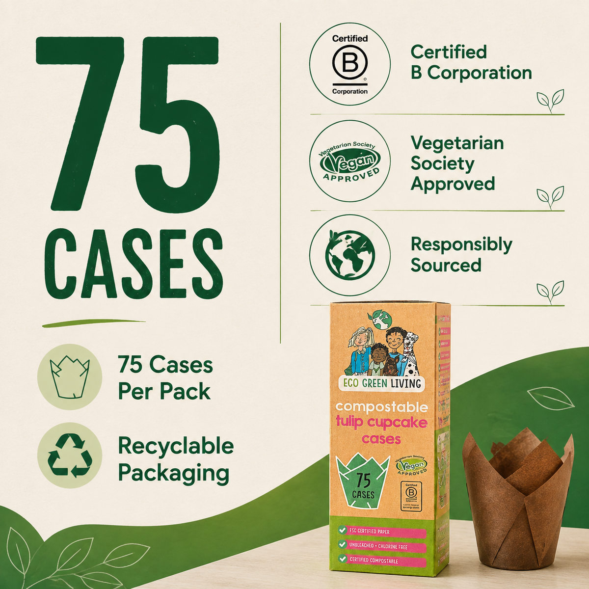 A promotional graphic for Eco Green Living compostable foil cupcake cases, showing a box labeled '75 cases' and a brown paper cupcake liner. The design includes certification badges for B Corporation, Vegan Approved, and Responsible Sourced, along with text highlighting 75 cases per pack and recyclable packaging.