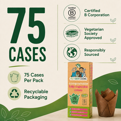A promotional graphic for Eco Green Living compostable foil cupcake cases, showing a box labeled '75 cases' and a brown paper cupcake liner. The design includes certification badges for B Corporation, Vegan Approved, and Responsible Sourced, along with text highlighting 75 cases per pack and recyclable packaging.