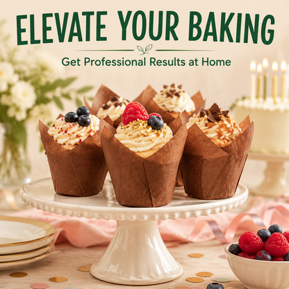 Six decorated cupcakes in brown paper liners sit on a white cake stand in a styled kitchen scene. Large text at the top reads 'ELEVATE YOUR BAKING' with smaller text below, and a blurred birthday cake with lit candles appears in the background.
