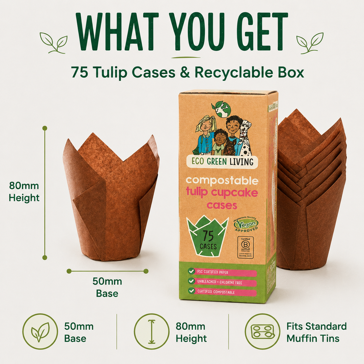 A product information graphic for Eco Green Living compostable tulip cupcake cases. The image shows one unfolded brown paper case on the left with dimensions labeled 80mm height and 50mm base, a stack of folded brown cases on the right, the product box in the center, and feature icons at the bottom on a light beige background.