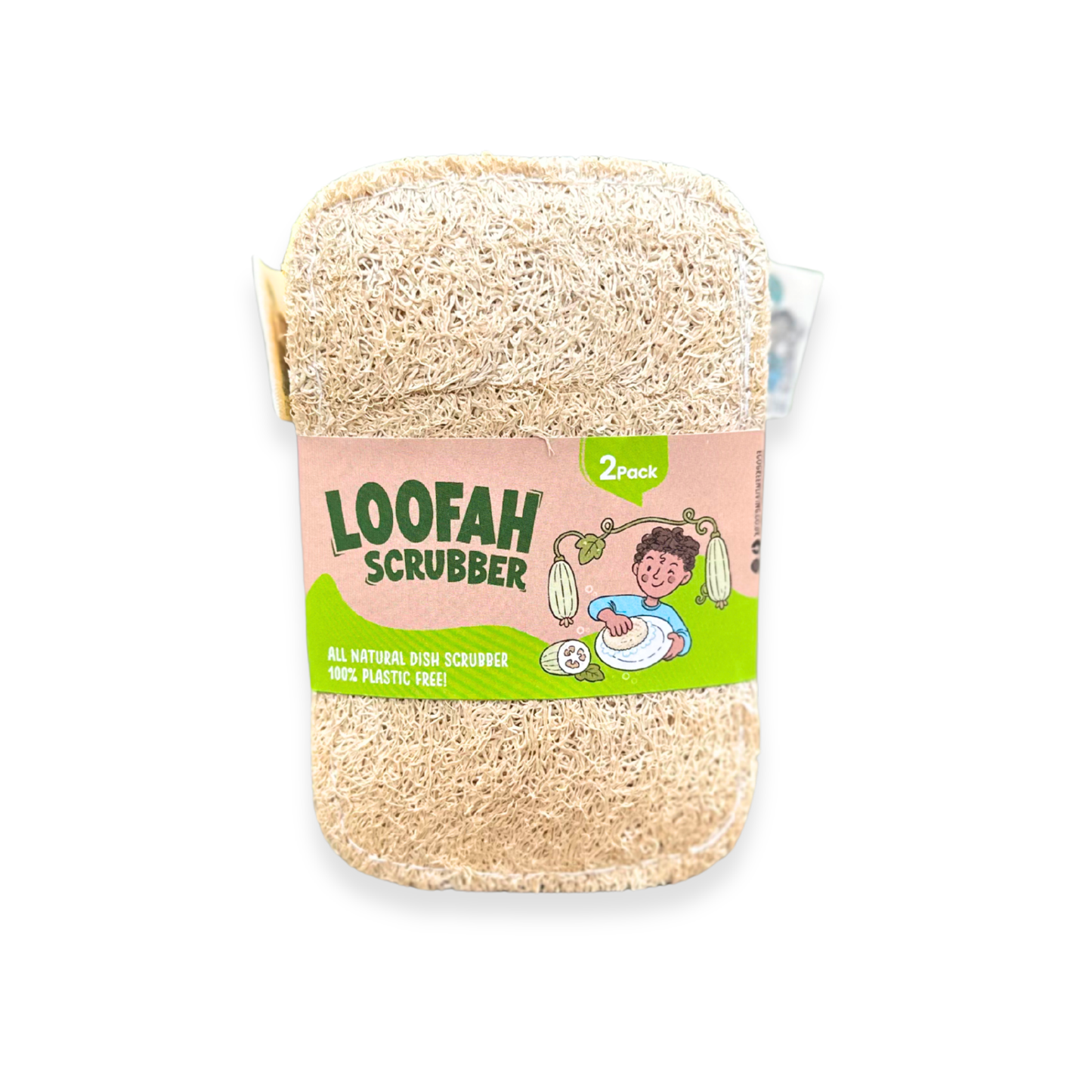 A 2-pack of Loofah Scrubber natural skin scrubbers wrapped in a pink and green paper label, shown on a plain white background.
