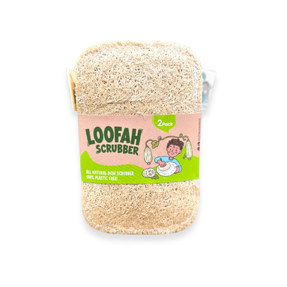A 2-pack of Loofah Scrubber natural skin scrubbers wrapped in a pink and green paper label, shown on a plain white background.