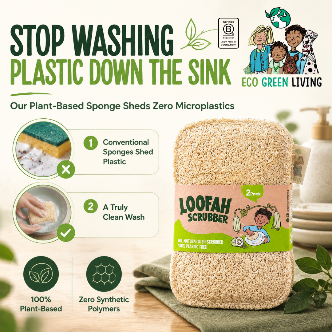 A plant-based Loofah Scrubber sponge shown on a kitchen counter next to a soap dispenser, with promotional text and icons about plastic-free cleaning. The brand Eco Green Living is visible at the top right.