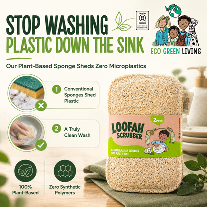 A plant-based Loofah Scrubber sponge shown on a kitchen counter next to a soap dispenser, with promotional text and icons about plastic-free cleaning. The brand Eco Green Living is visible at the top right.