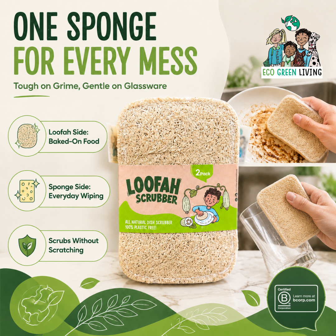 A Loofah Scrubber sponge package centered on a light marble-like surface, with marketing text, feature icons, and small inset photos showing the sponge in use. The product itself is a rectangular natural beige scrubber with a pink-and-green label reading 'LOOFAH SCRUBBER' and '2 side'.