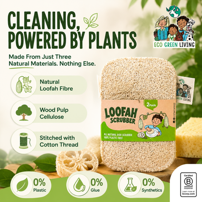 A 2-pack of Eco Green Living natural loofah scrubbers, featuring a large beige natural loofah and a smaller natural loofah with a green and beige paper label. The background is a soft-focus green and white graphic with text highlighting the product's natural ingredients: natural loofah fibre, wood pulp cellulose, and stitched with cotton thread.