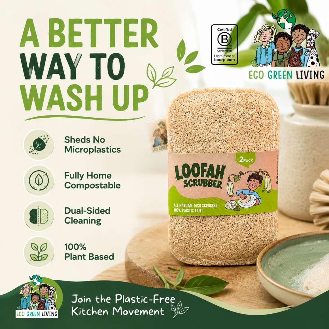 A natural beige loofah scrubber with a green and pink label reading 'Loofah Scrubber' is shown on a wooden board with kitchen props. The image includes promotional text for Eco Green Living, highlighting benefits like plastic-free washing and compostability.