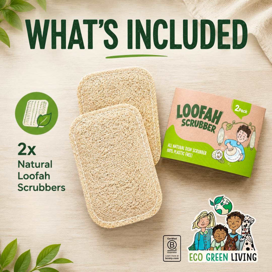 A 2-pack of natural beige Loofah Scrubbers shown with their retail box on a light wood background, under a large 'WHAT'S INCLUDED' heading. Text on the image states '2x Natural Loofah Scrubbers' and includes an Eco Green Living logo.