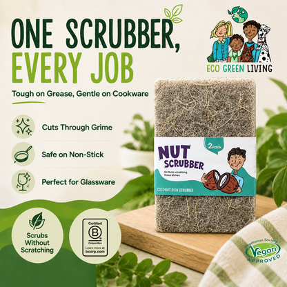 A bar of Eco Green Living Nut Scrubber coconut oil scrubber displayed on a wooden board with a white cloth, surrounded by promotional text and green leaves. The ad highlights its tough on grease, gentle on cookware, and non-stick properties.