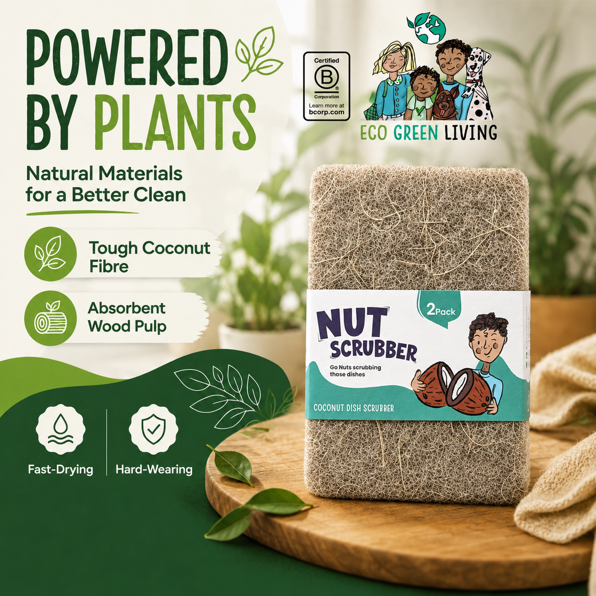A 2-pack of Eco Green Living Nut Scrubber coconut dish scrubbers, displayed on a wooden cutting board with a beige cloth. The image features promotional text highlighting natural materials, tough coconut fibre, and absorbent wood pulp, alongside brand logos and product benefits.