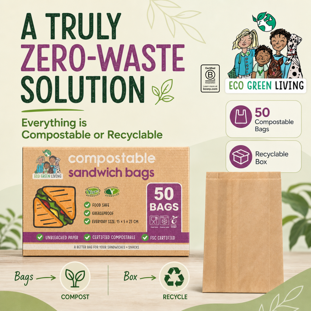 Eco Green Living compostable sandwich bags set, featuring a box of 50 compostable bags and a kraft paper recycling box on a light beige background with green leaf accents.
