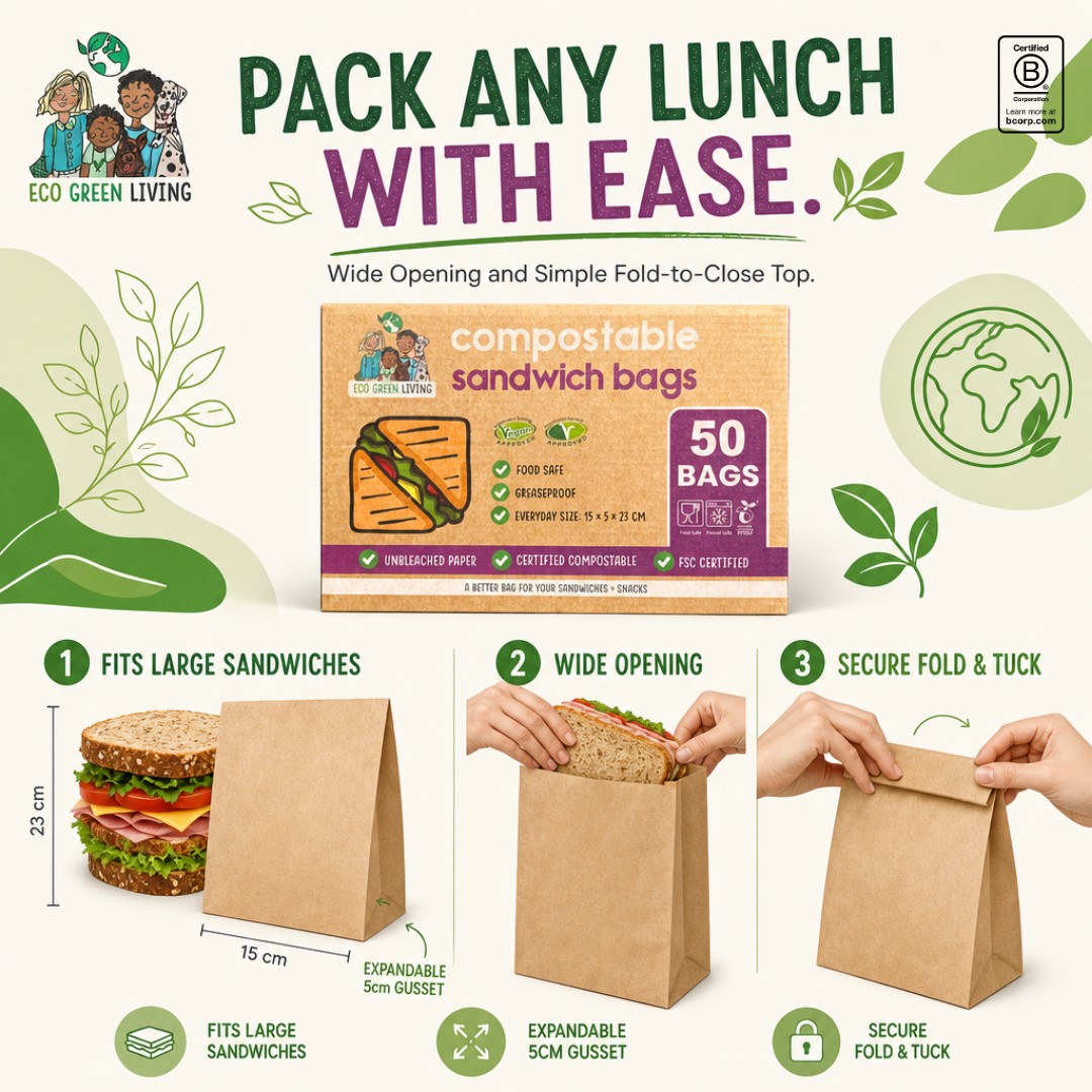 An infographic-style product listing image for Eco Green Living compostable sandwich bags. The central box shows a brown kraft-paper bag package labeled 'compostable sandwich bags' and '50 bags.