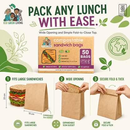 An infographic-style product listing image for Eco Green Living compostable sandwich bags. The central box shows a brown kraft-paper bag package labeled 'compostable sandwich bags' and '50 bags.