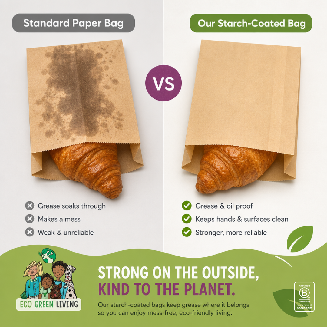 A comparison graphic showing a croissant inside a standard paper bag with visible grease stains versus an eco-friendly starch-coated paper bag that resists grease. The image includes text explaining the benefits of the starch-coated bag and branding for Eco Green Living.