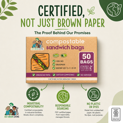 A product listing graphic for Eco Green Living compostable sandwich bags. The image shows a box of 50 compostable sandwich bags in the center, surrounded by marketing text and icons highlighting certifications and environmental benefits on a light beige background.