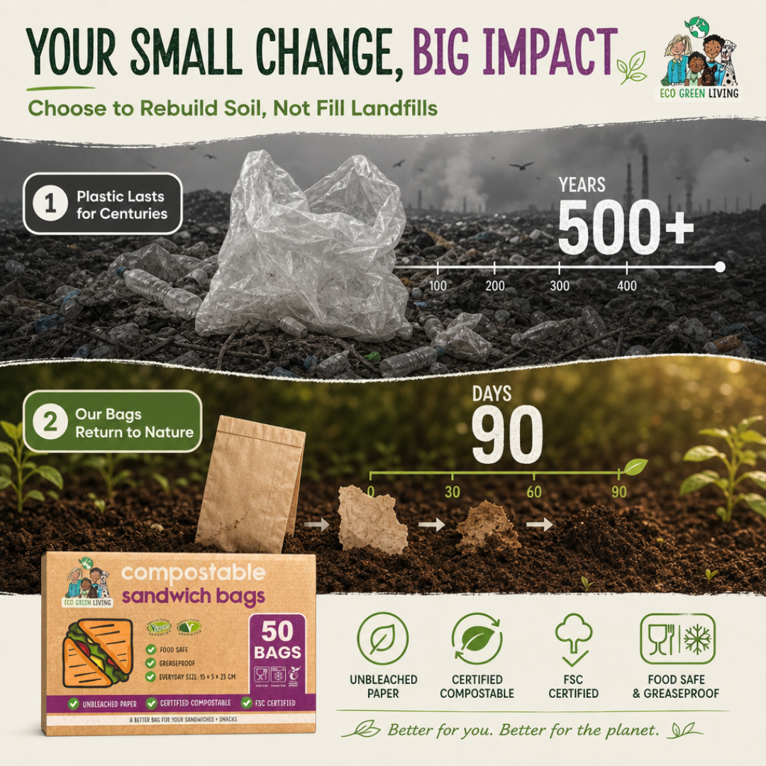 Promotional infographic for Eco Green Living compostable sandwich bags. The image features a box of 50 brown compostable bags, a clear plastic bag labeled 'Plastic Lasts for Centuries' with a 500-year timeline, and small brown paper bags labeled 'Our Bags Return to Nature' with a 90-day decomposition timeline over soil and seedlings.