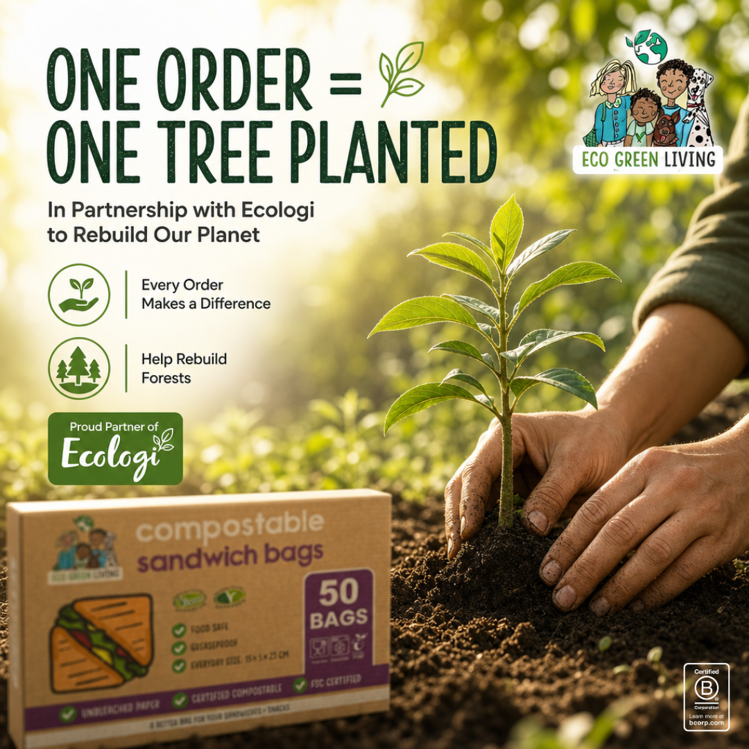 A promotional graphic for Eco Green Living compostable sandwich bags, showing a cardboard box of 50 bags in the foreground, a person planting a small tree in soil in the background, and large text reading 'ONE ORDER = ONE TREE PLANTED'.