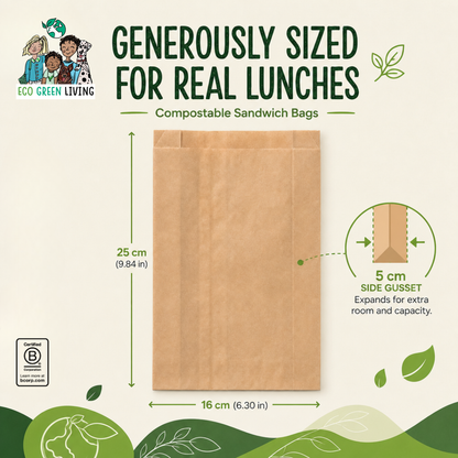 A brown kraft paper sandwich bag shown on a light beige background with measurement callouts indicating 25 cm height, 16 cm width, and a 5 cm side Gusset. Text reads 'Generously Sized for Real Lunches' and 'Compostable Sandwich Bags,' with Eco Green Living branding and a compost certification icon.