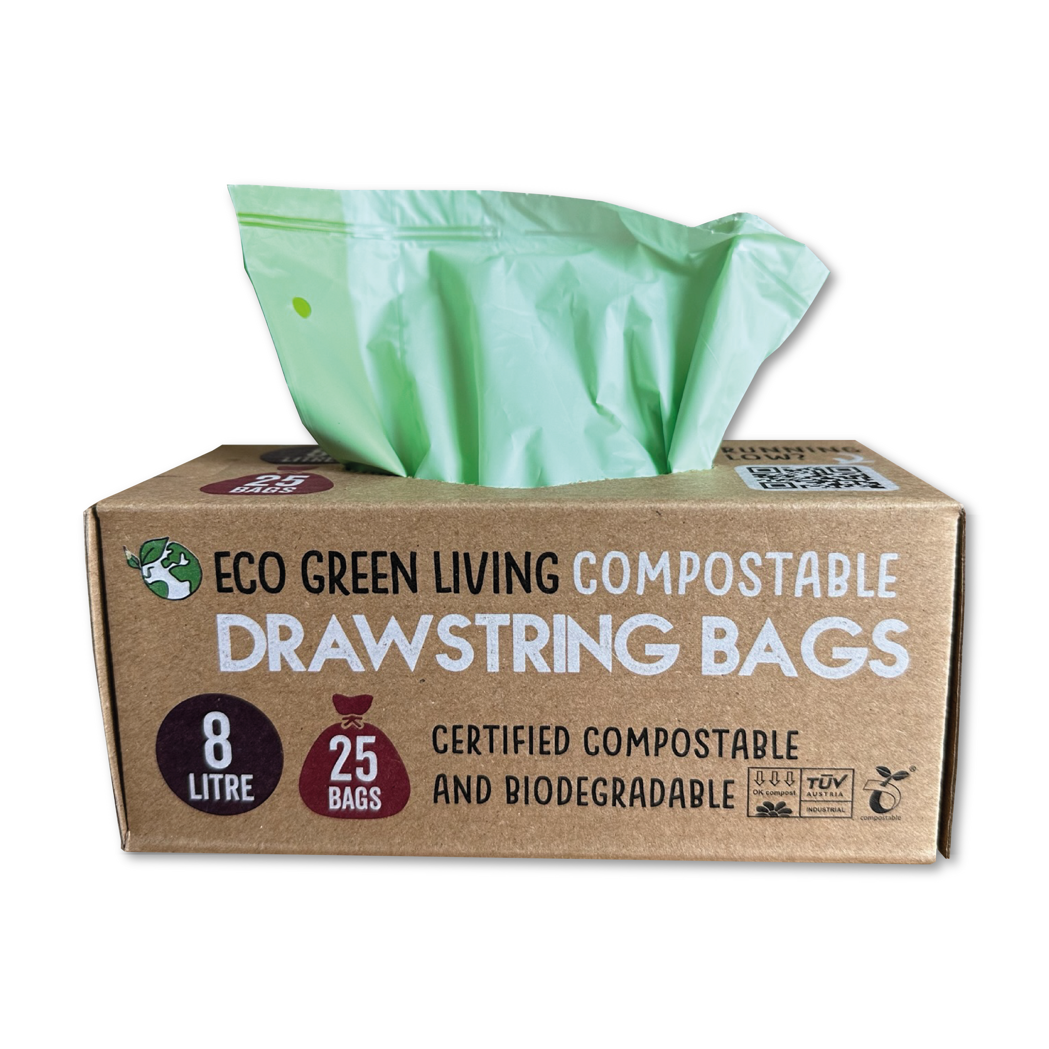 Compostable Drawstring Bags, 6-8 Gallon, 23-30 Liter