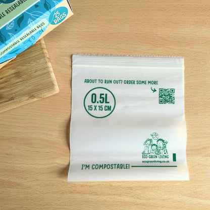 Compostable Resealable Bags Small | 0.5 Litre (25 bags) - EcoGreenBusiness