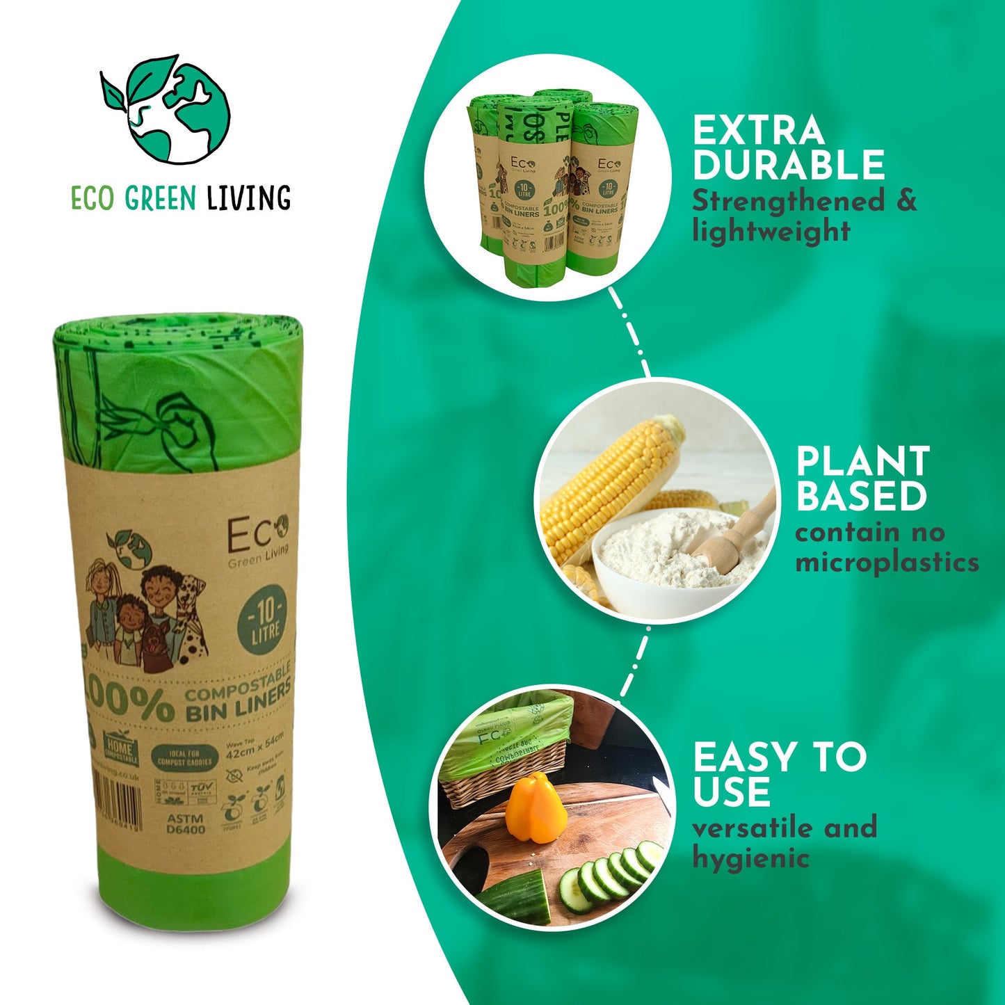 10L Compostable Waste Bags | 1 Roll of 18 Bags | Eco Green Living - EcoGreenBusiness