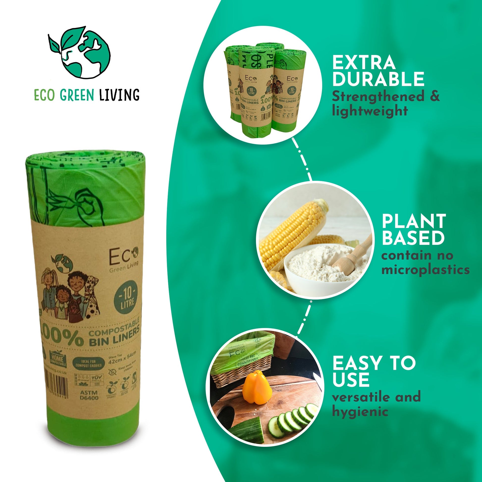 10L Compostable Waste Bags | 1 Roll of 18 Bags | Eco Green Living - EcoGreenBusiness