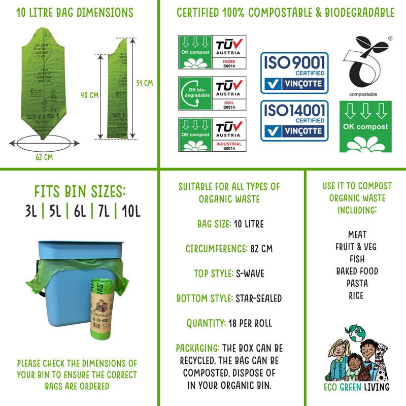 10L Compostable Waste Bags | 1 Roll of 18 Bags | Eco Green Living - EcoGreenBusiness